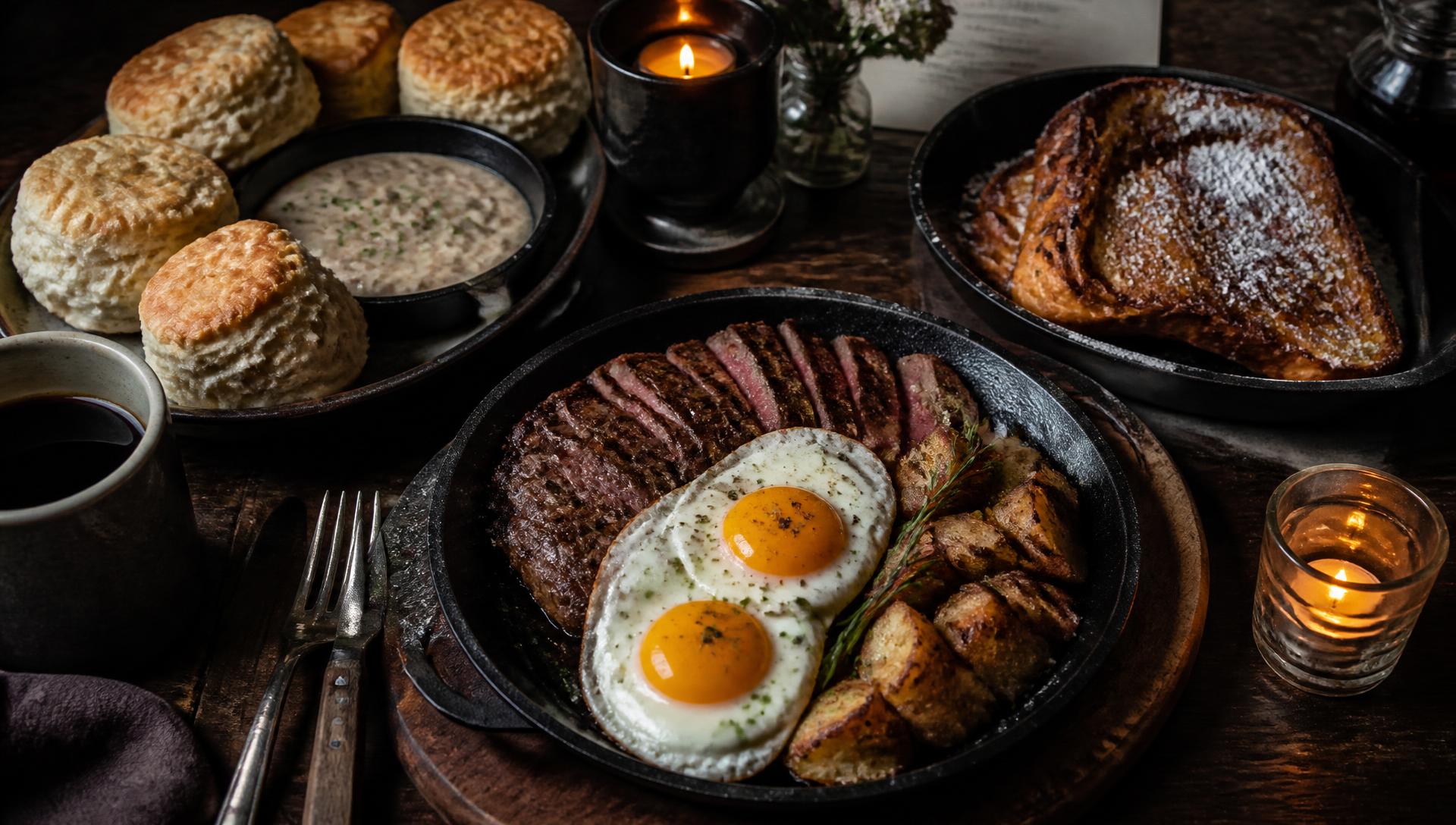 Sunday brunch spread at 1846 - steak and eggs, biscuits and gravy, and thick-cut French toast by candlelight
