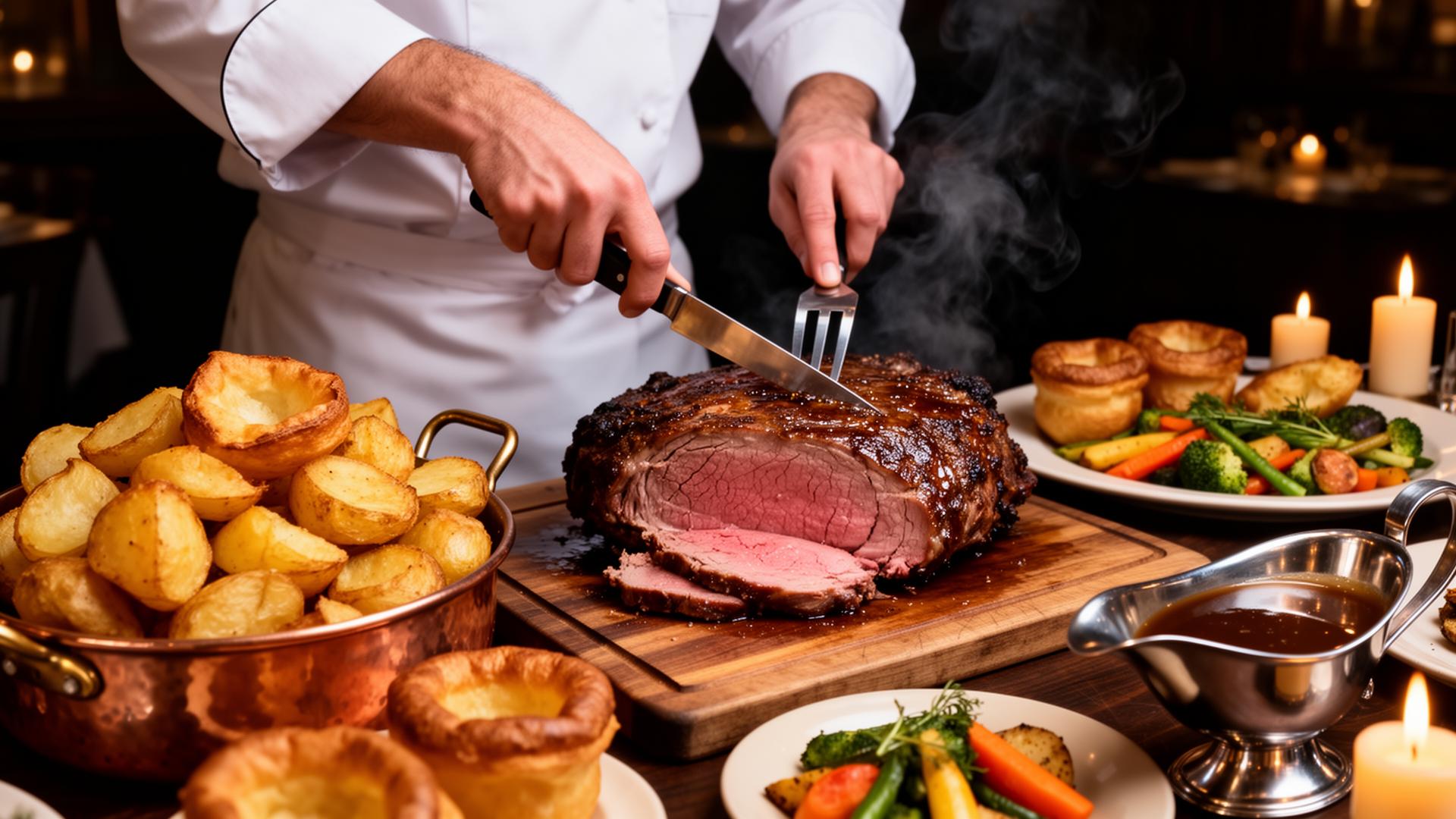 Chef carving a roast beef joint with crispy roast potatoes and Yorkshire puddings