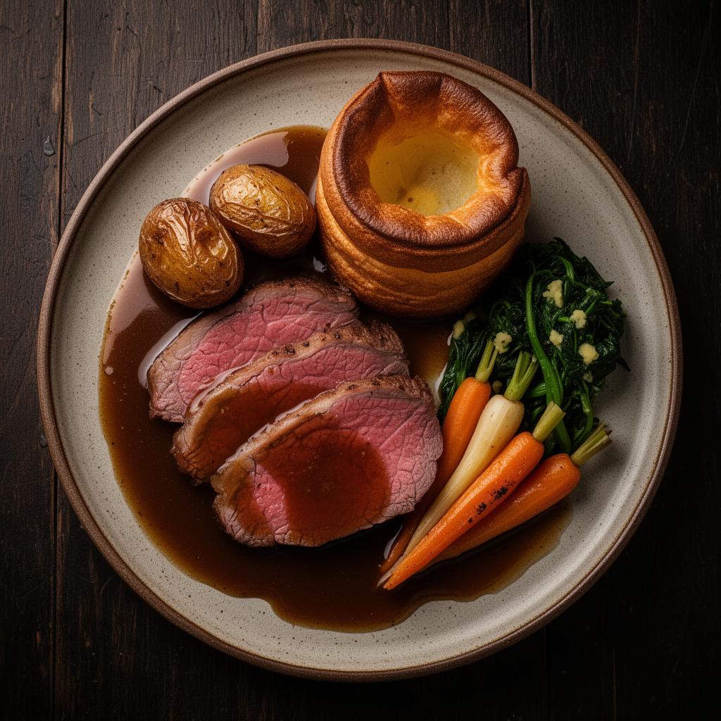 Plated traditional British Sunday roast — sliced beef, roast potatoes, Yorkshire pudding, vegetables and gravy